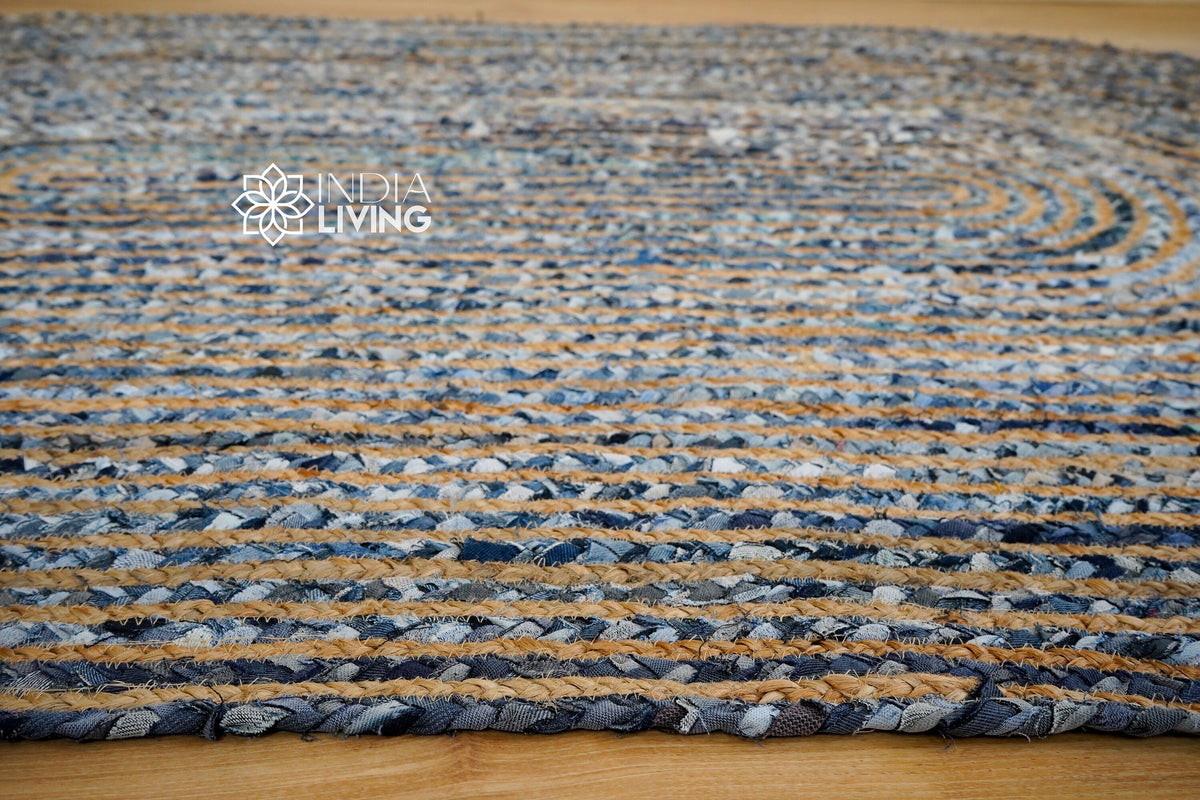 Blue denim rug styled in entryway