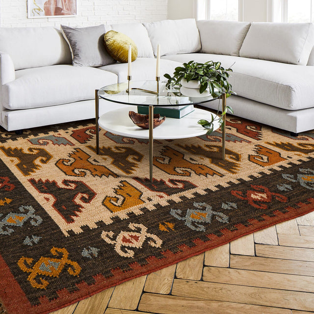 Multicolour wool jute kilim rug, full flat view