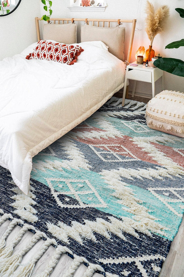 Colourful kilim shag rug styled in a kids room