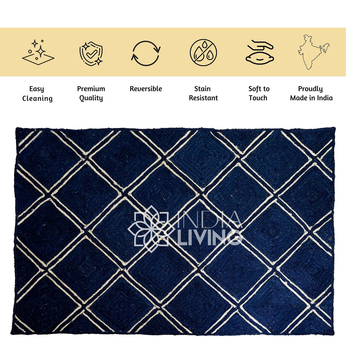 Navy jute rug corner and edge detail