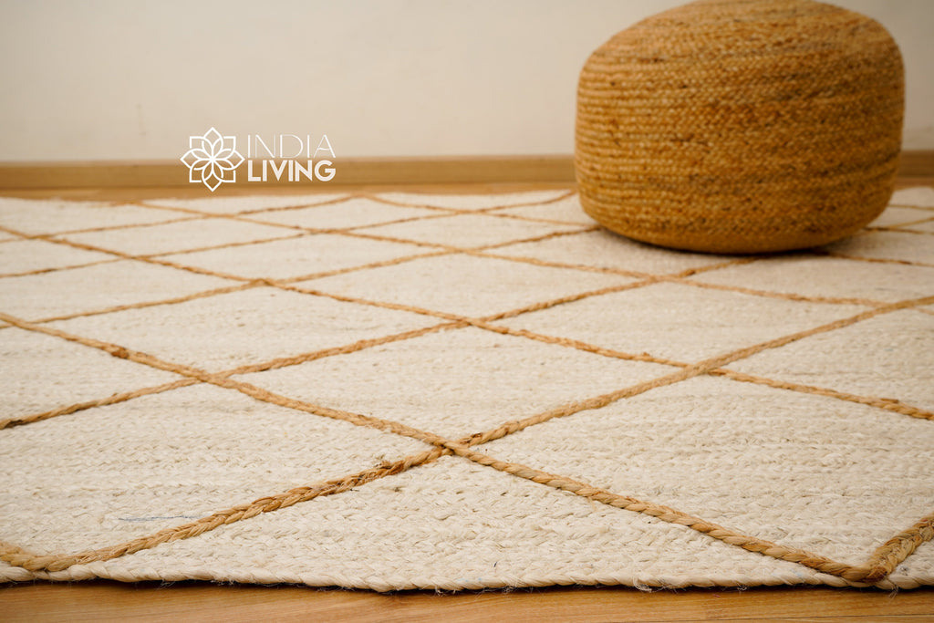 White Jute Rug with Natural Jute Braided Rope | Abstract design | Sustainable | Suitable for Bedroom, Living room, Entryway