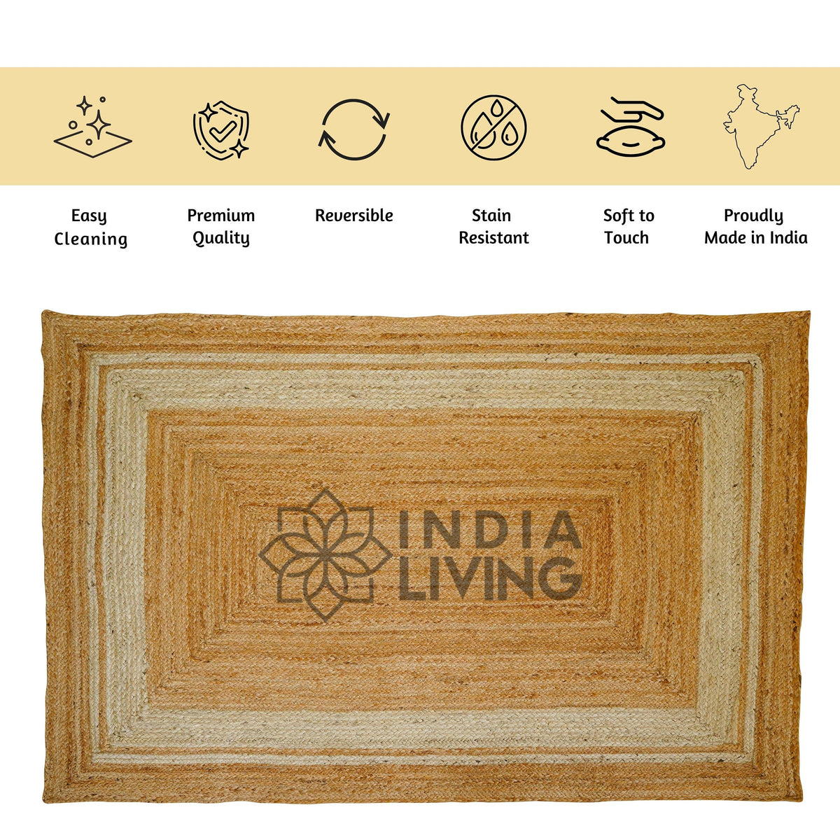 White bordered jute rug in bedroom setting