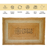 White bordered jute rug in bedroom setting