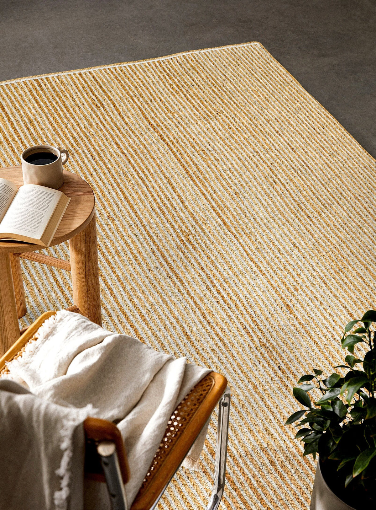 Close-up of white and natural jute stripe weave