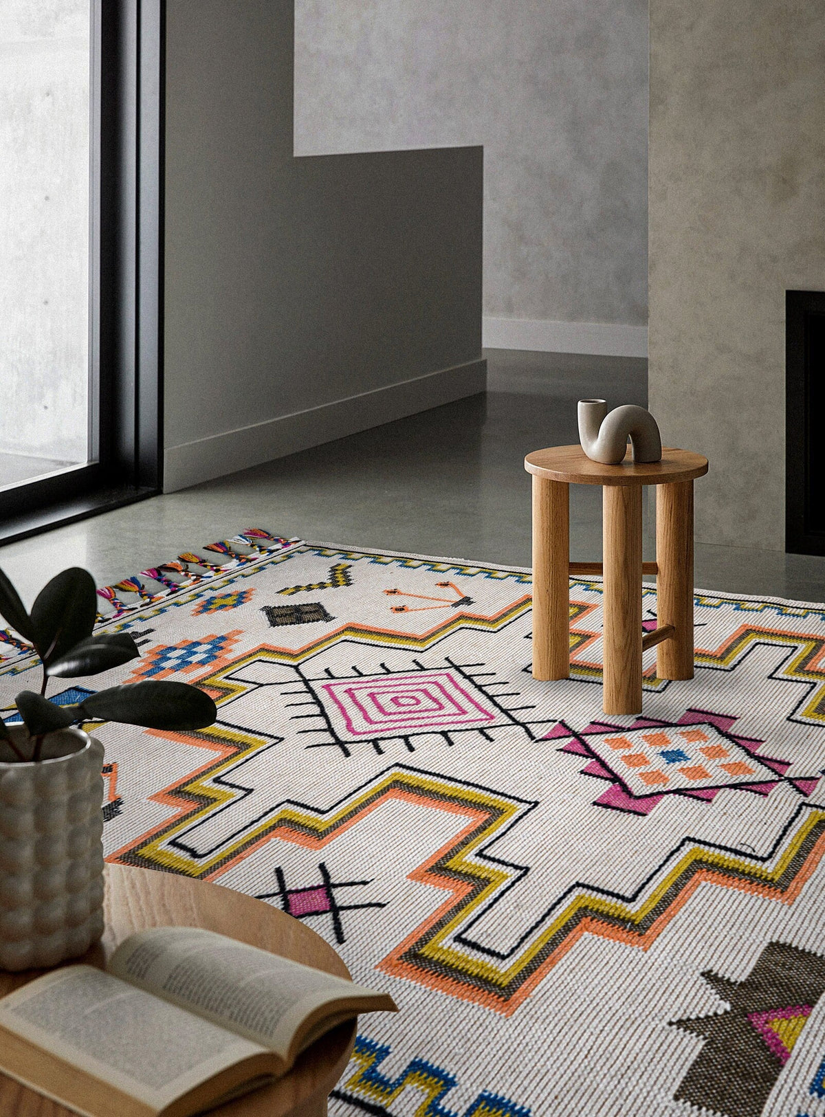 Ivory Aztec rug styled in a living room