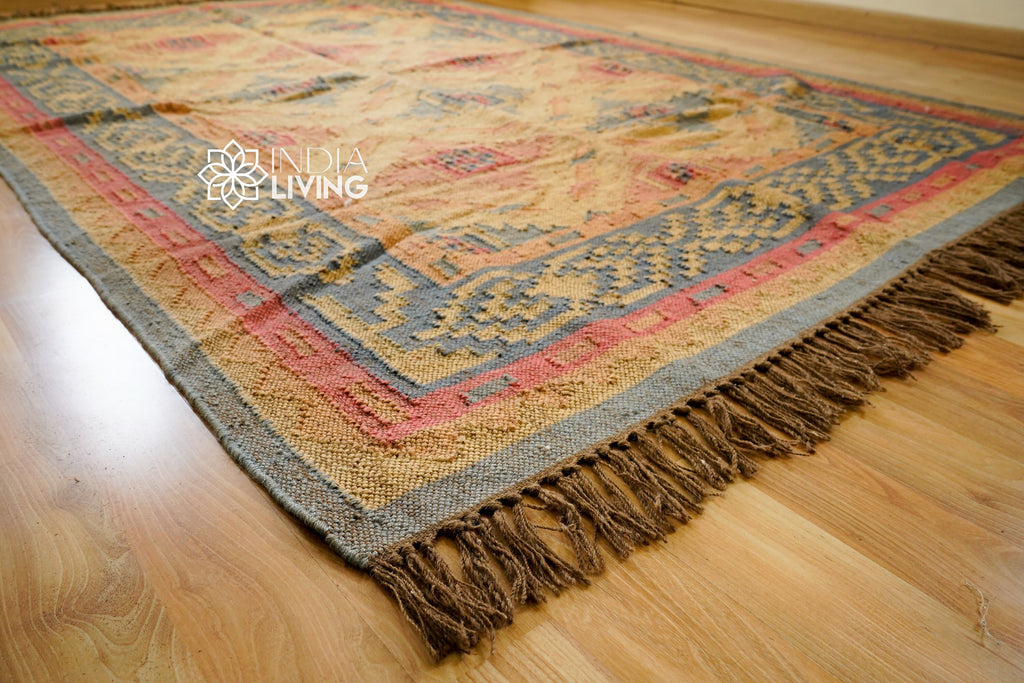 Aesthetic Navajo Kilim Rug with Intricate Tribal Motifs in Light Blue and Pink - Housewarming gift - Personalized sizes