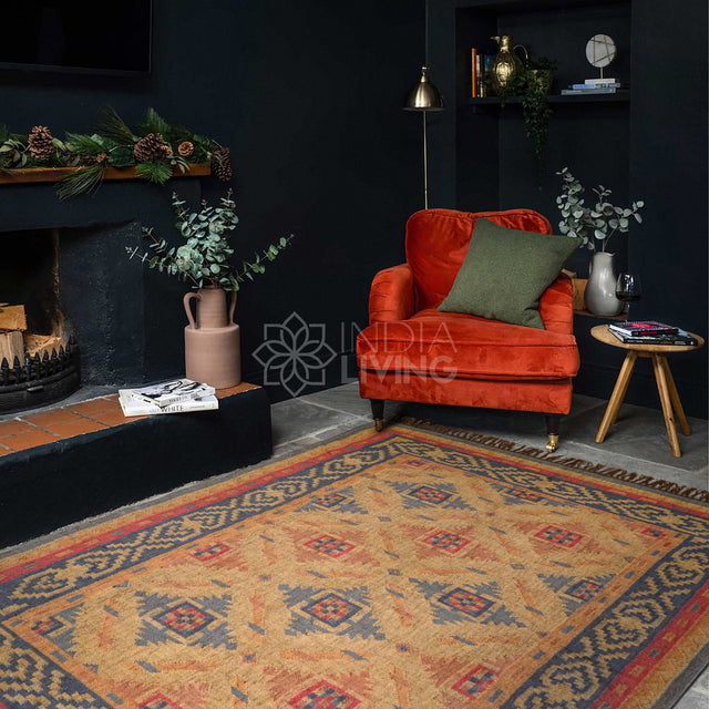 Navajo kilim rug styled in a living room