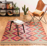 Close-up of rainbow kilim rug fringe and knotted edge