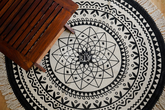 Round bohemian cotton mat flat lay showing boho print