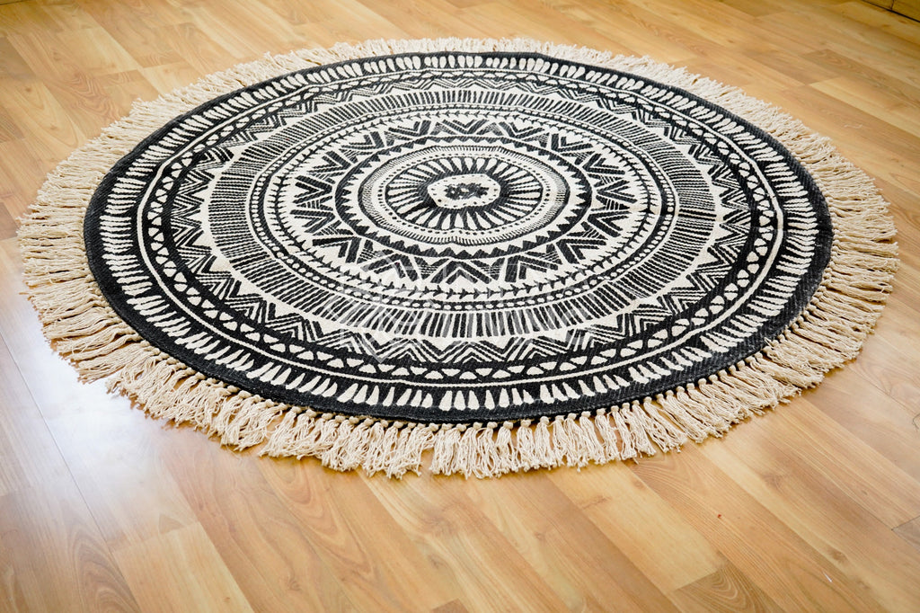 Chakra Rug - Boho Cotton Round Mat with Intricate Prints - Perfect for Living Room, Bedroom, and Home Decor