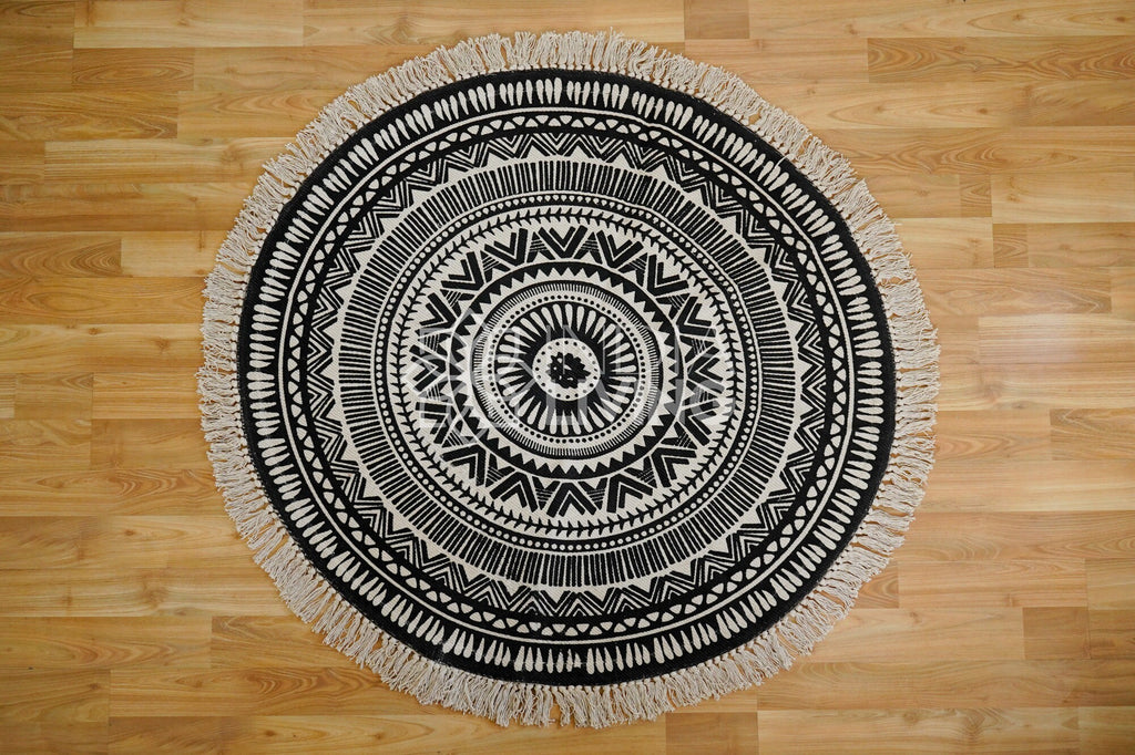 Chakra Rug - Boho Cotton Round Mat with Intricate Prints - Perfect for Living Room, Bedroom, and Home Decor