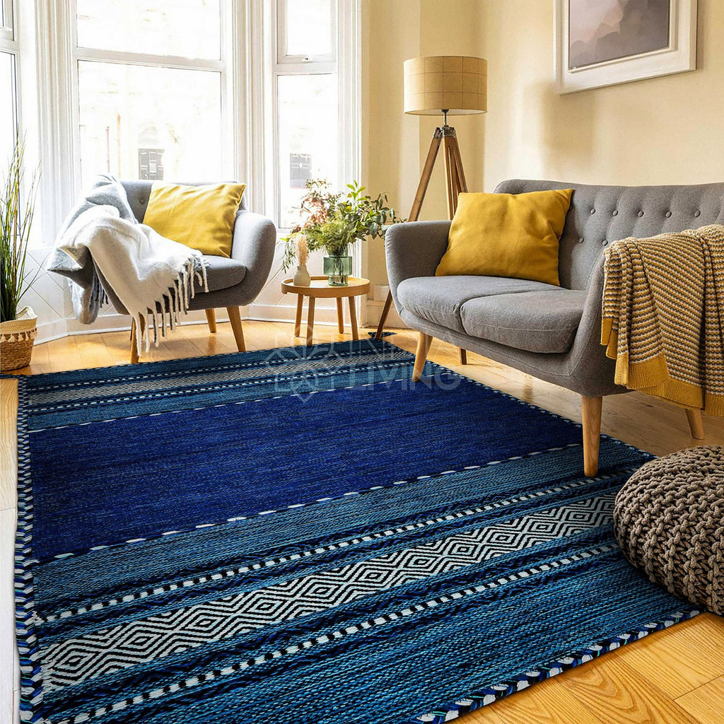 Blue Kilim Rug, Moroccan Inspired Ethnic Decor Bohemian Indian Handmade Flat weave carpet