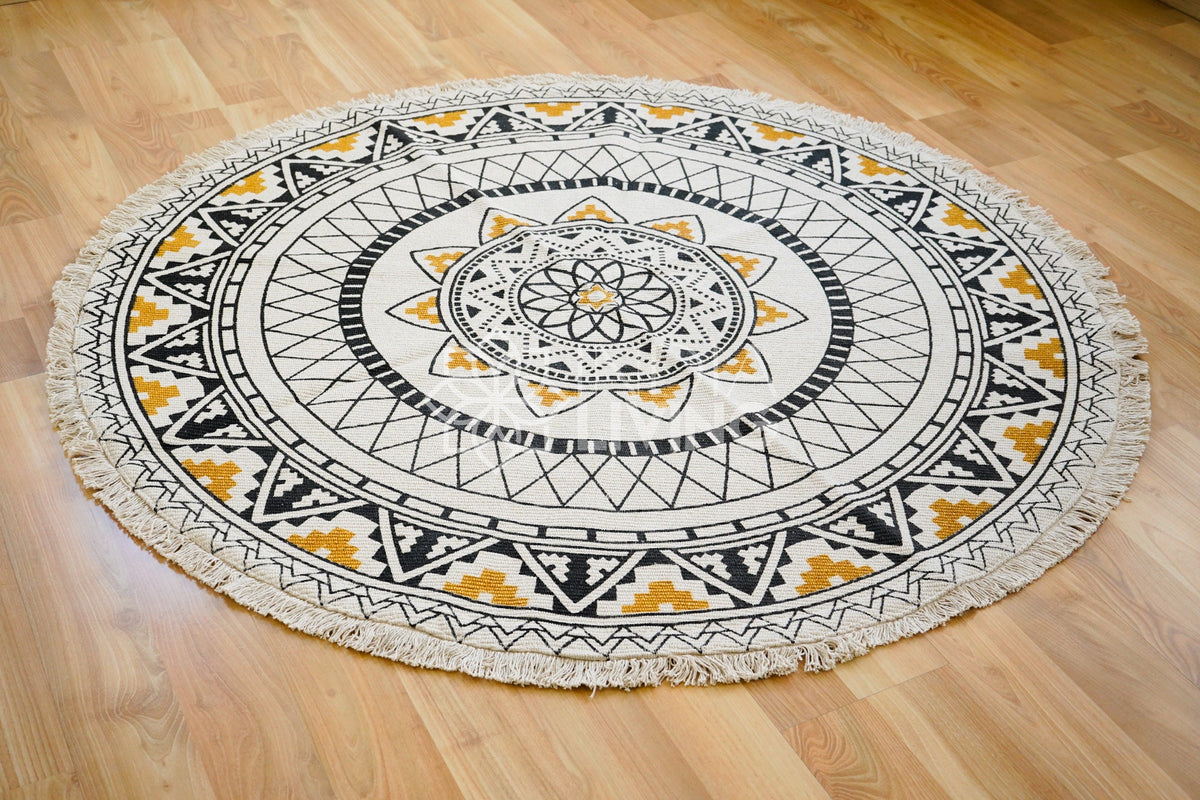 Boho round mat in a bedroom setting