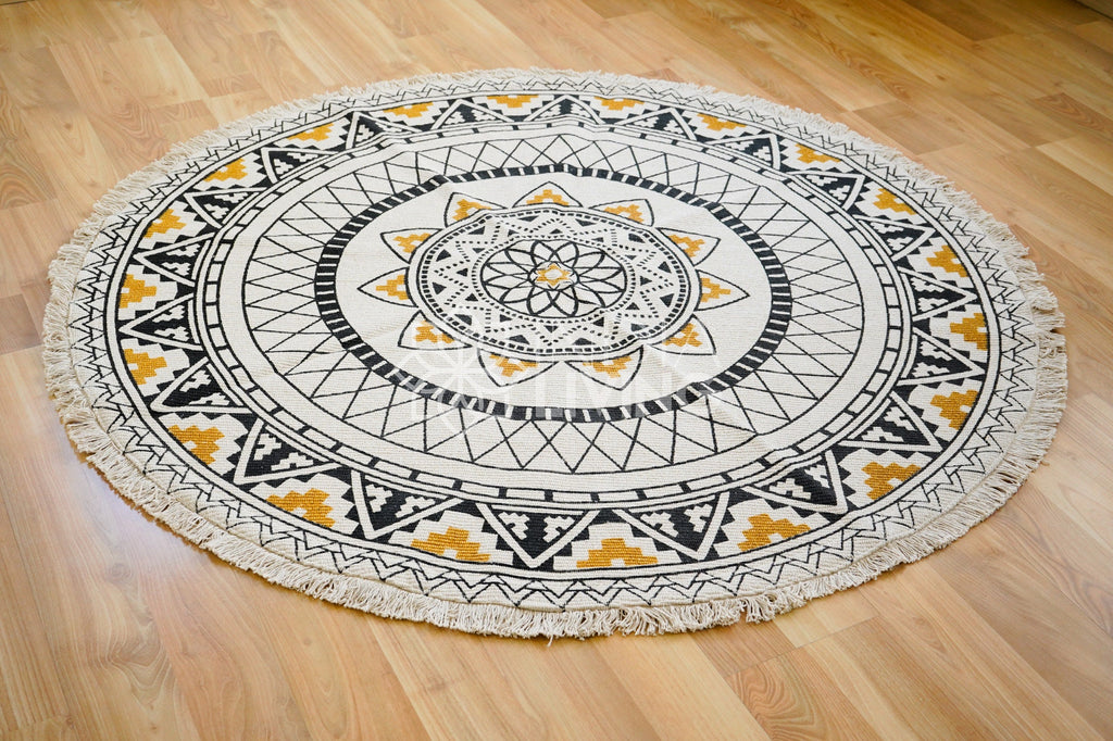 Yogic Meditation Rug - Boho Cotton Round Mat with Intricate Prints - Perfect for Yoga Meditation, Living Room, Bedroom Round Rug