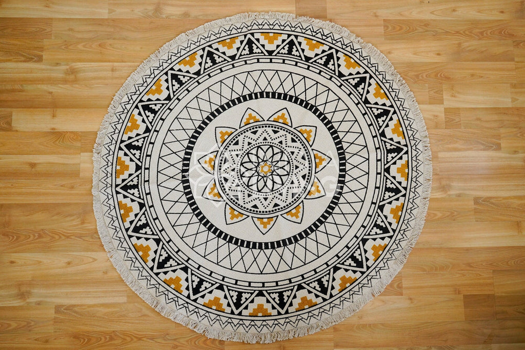 Yogic Meditation Rug - Boho Cotton Round Mat with Intricate Prints - Perfect for Yoga Meditation, Living Room, Bedroom Round Rug