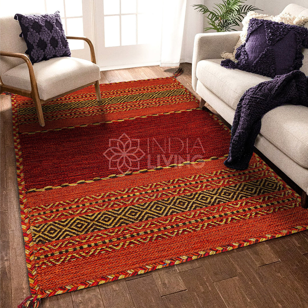 Red Kilim Rug | Handwoven Indian Rug | Artistic Moroccan Style Rug | Ethnic Living Room Rug with Cushions | Bohemian Hallway Runner