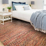 Corner detail of multicolor wool rug edge