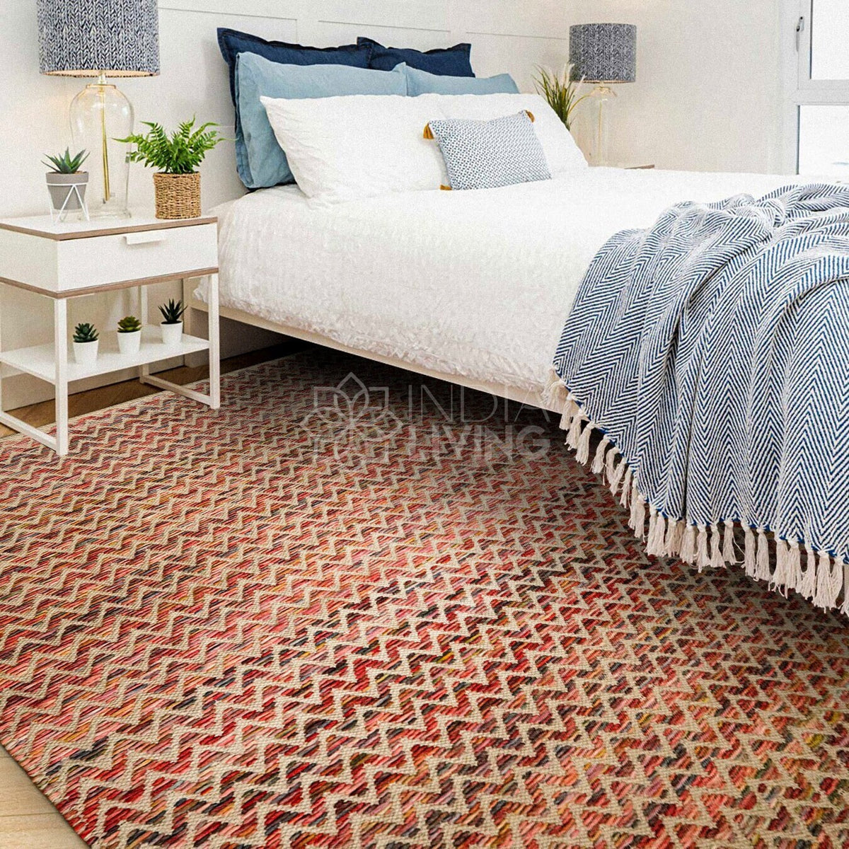 Corner detail of multicolor wool rug edge