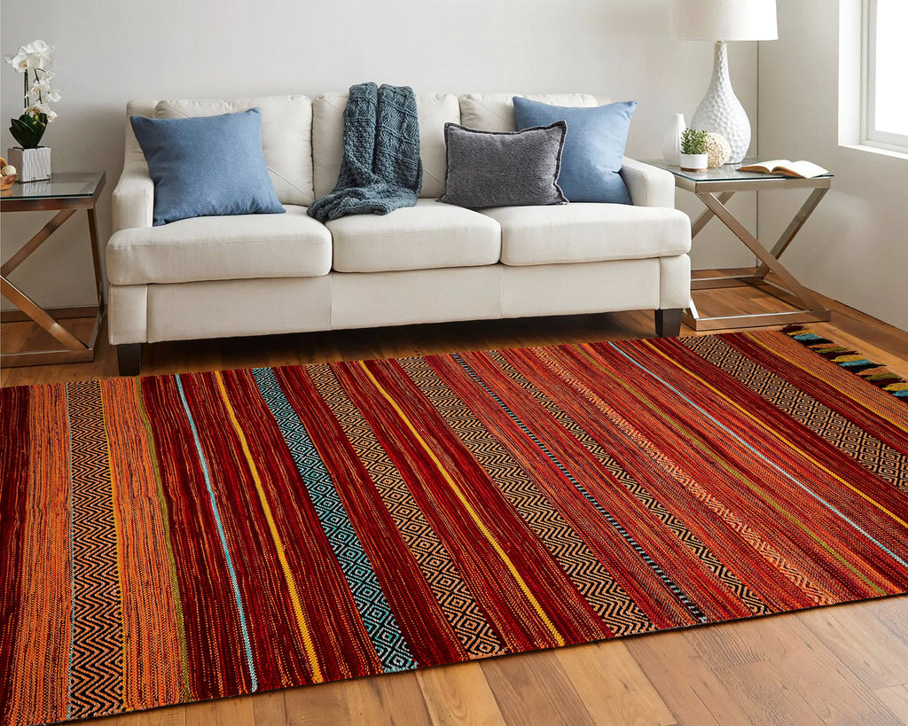 Indian Red Striped Kilim Rug, Vintage Bohemian Room Decoration, Indian Handmade with Moroccan Vibes, Perfect for Christmas Décor