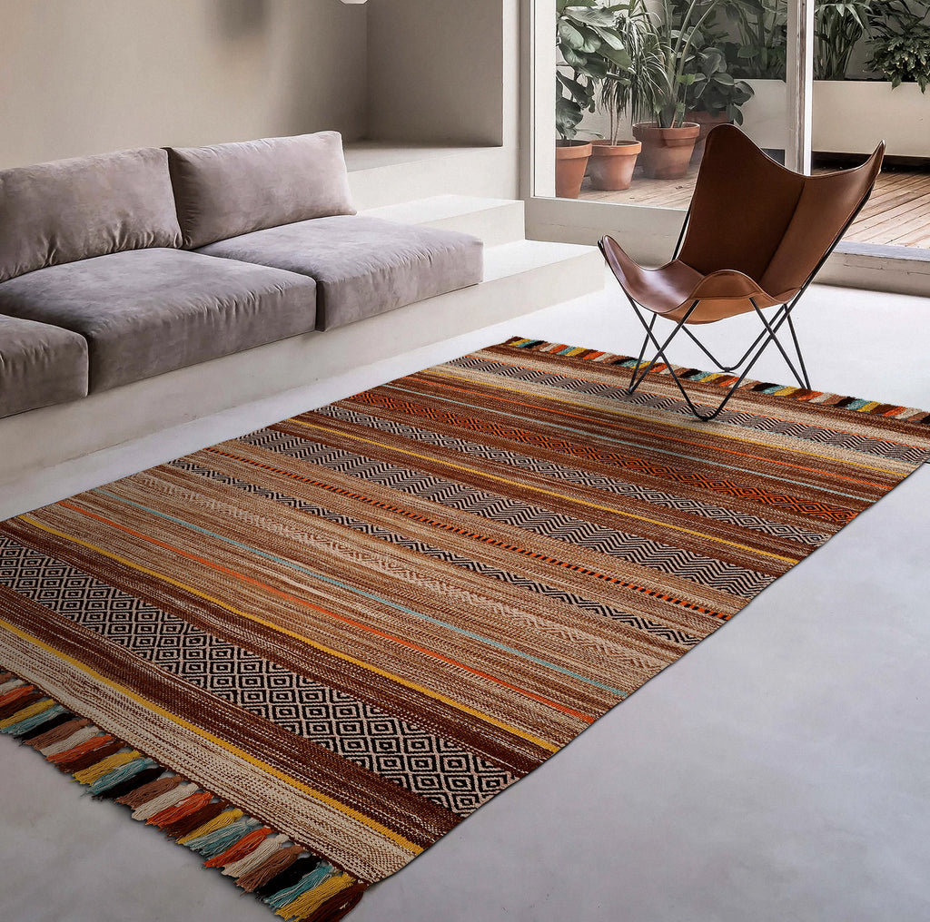 Beige striped kilim Rug | Cotton Chenille rug | Ethnic Design | Bohemian Artistic Carpet | Living Room decor