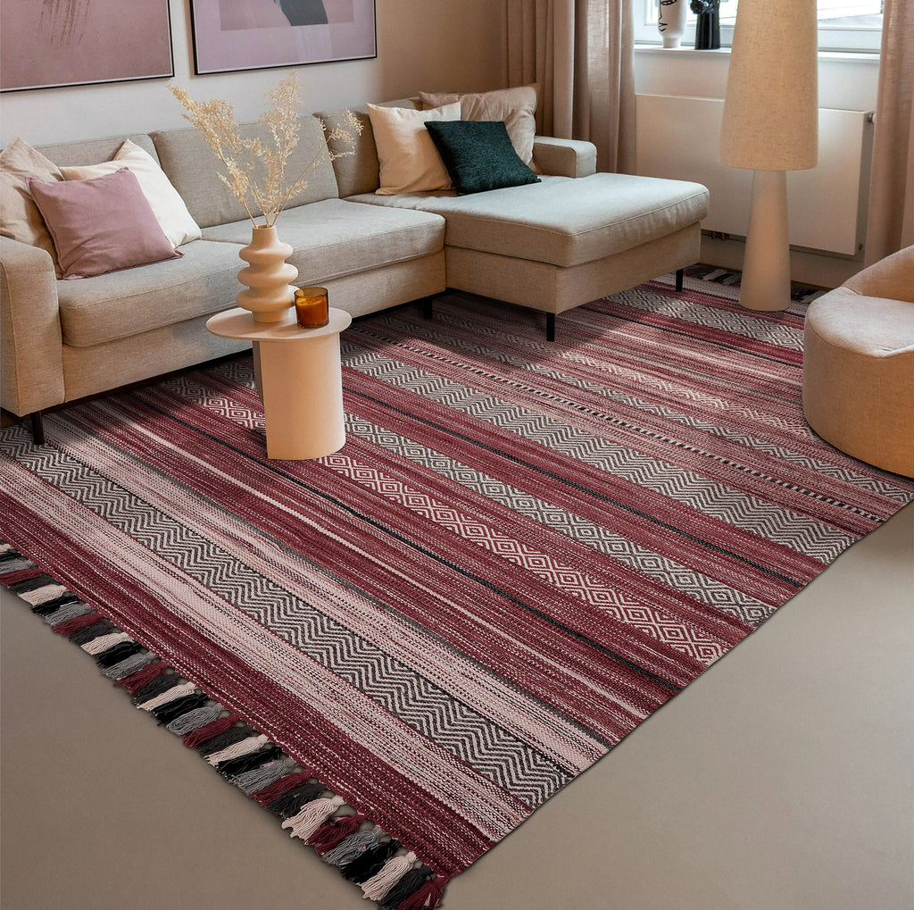 Pink Multi Striped Kilim Area Rug For Living Room,Bedroom,Handmade,Moroccan,Indian Cotton Dhurrie, Antique Bohemian Decor Carpet,Aesthetic