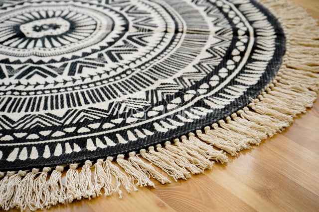 Boho cotton round mat with mandala print, flat view