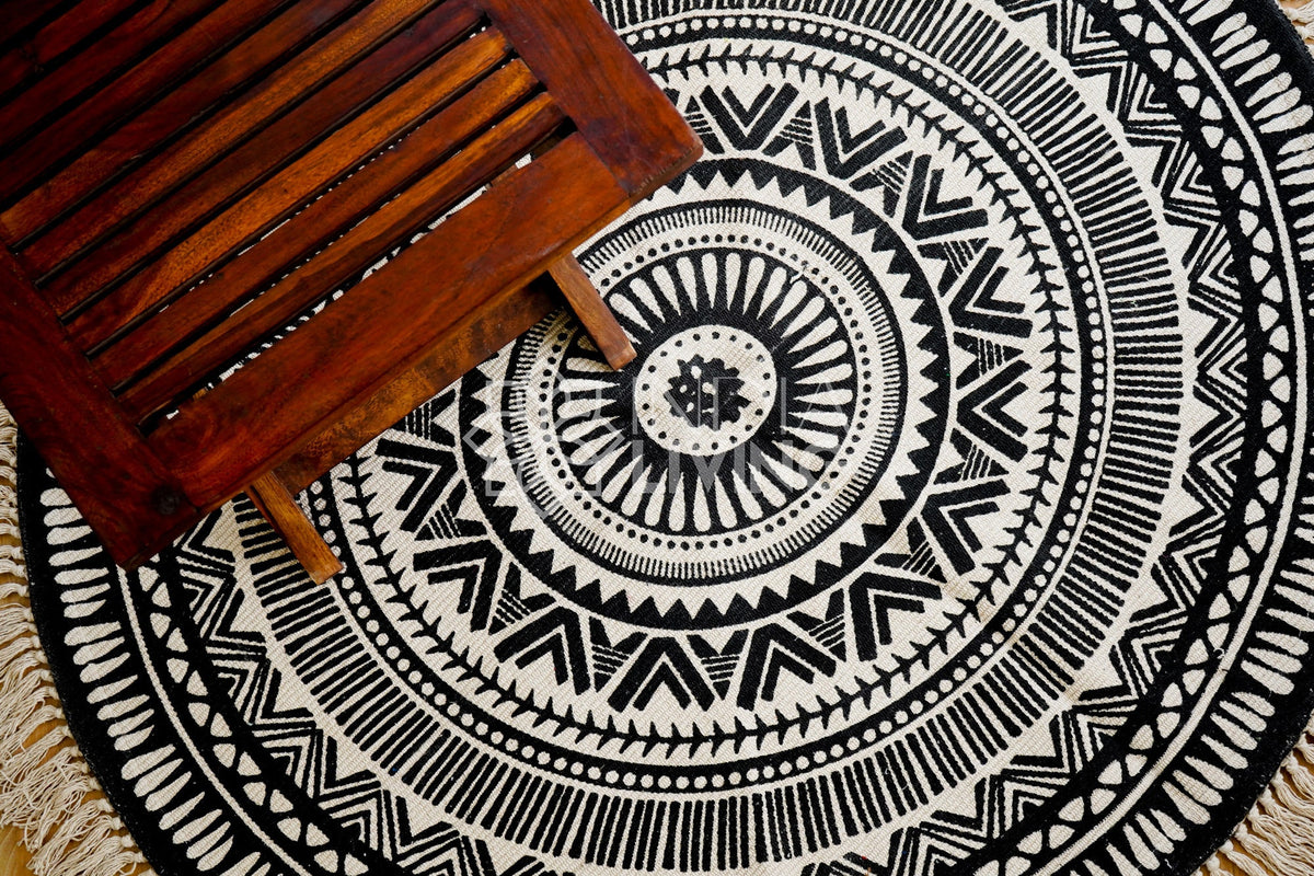 Round mandala mat styled in a living room