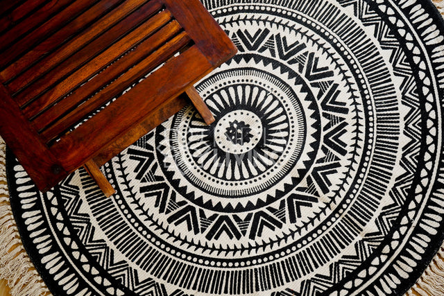 Round mandala mat styled in a living room