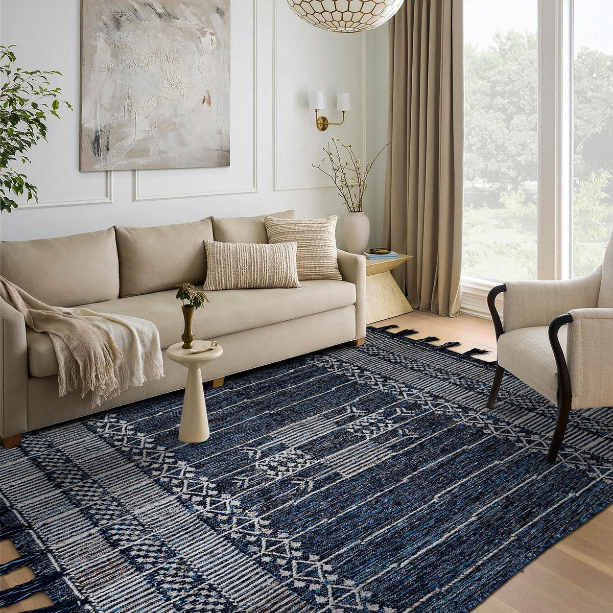 Denim blue kilim rug styled with outdoor furniture