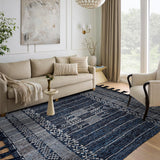 Denim blue kilim rug styled with outdoor furniture