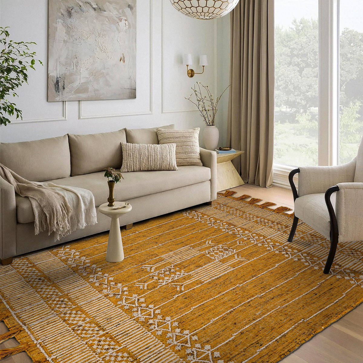 Yellow tribal rug in a living room setting