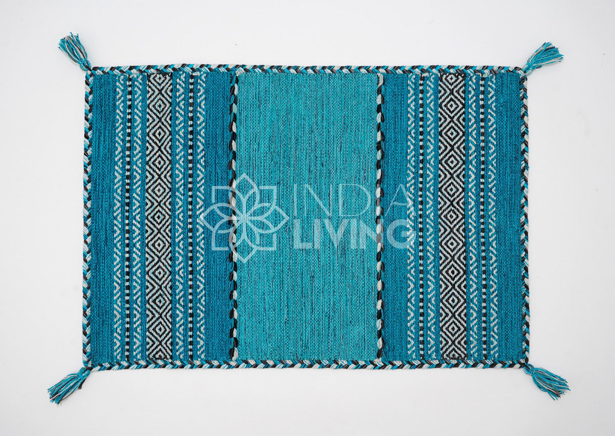 Teal blue kilim rug diamond pattern view