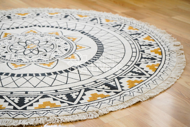 Boho round mat styled in a meditation corner