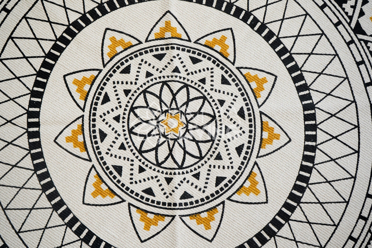 Boho round mat texture close-up of cotton weave