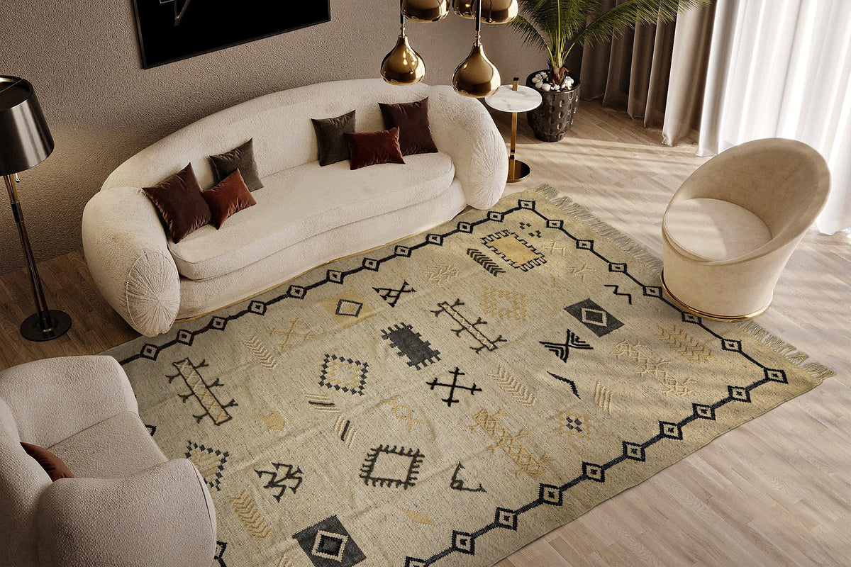 Aztec pattern rug styled in a living room