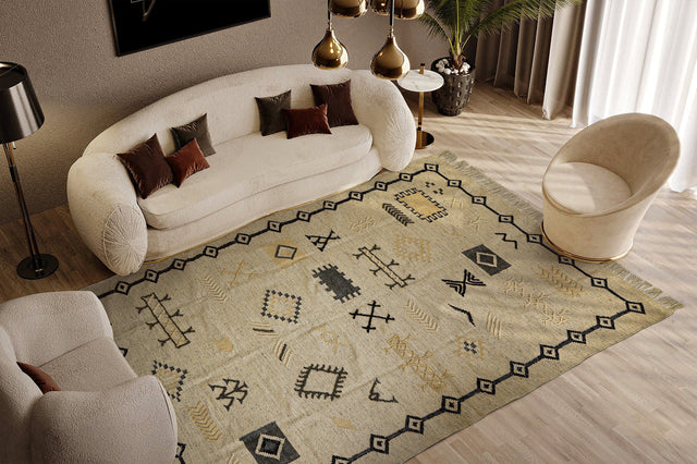 Aztec pattern rug styled in a living room