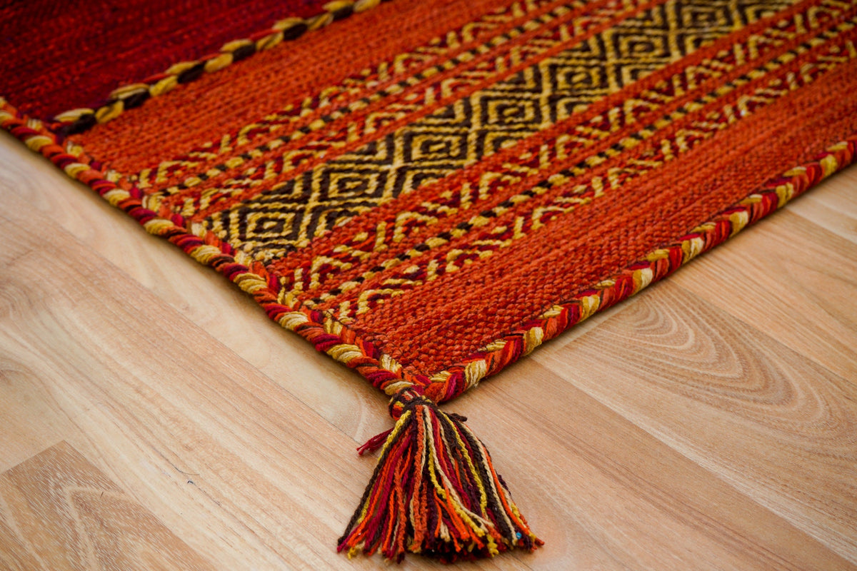 Red diamond cotton kilim rug, flat lay view