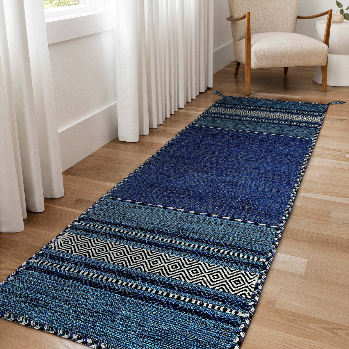 Blue Moroccan cotton chenille kilim runner, flat lay view