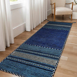 Blue Moroccan cotton chenille kilim runner, flat lay view