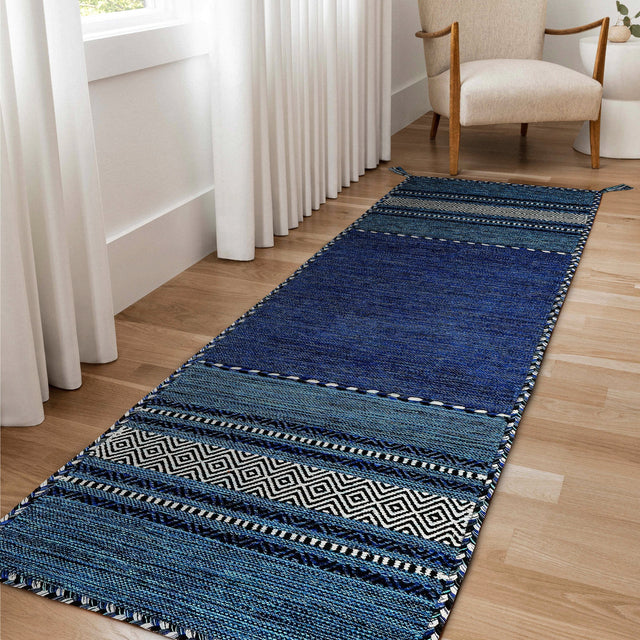 Blue Moroccan cotton chenille kilim runner, flat lay view
