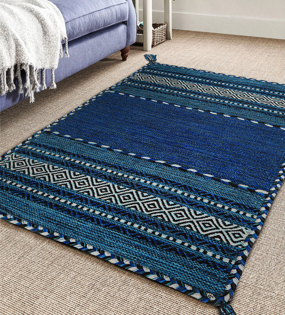 Blue Kilim Rug, Moroccan Inspired Ethnic Decor Bohemian Indian Handmade Flat weave carpet