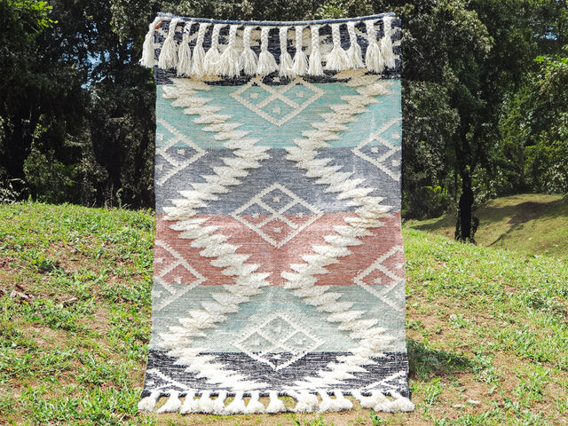 Colourful kilim shag rug flat view showing full pattern