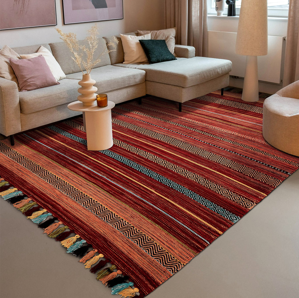 Indian Red Striped Kilim Rug, Vintage Bohemian Room Decoration, Indian Handmade with Moroccan Vibes, Perfect for Christmas Décor