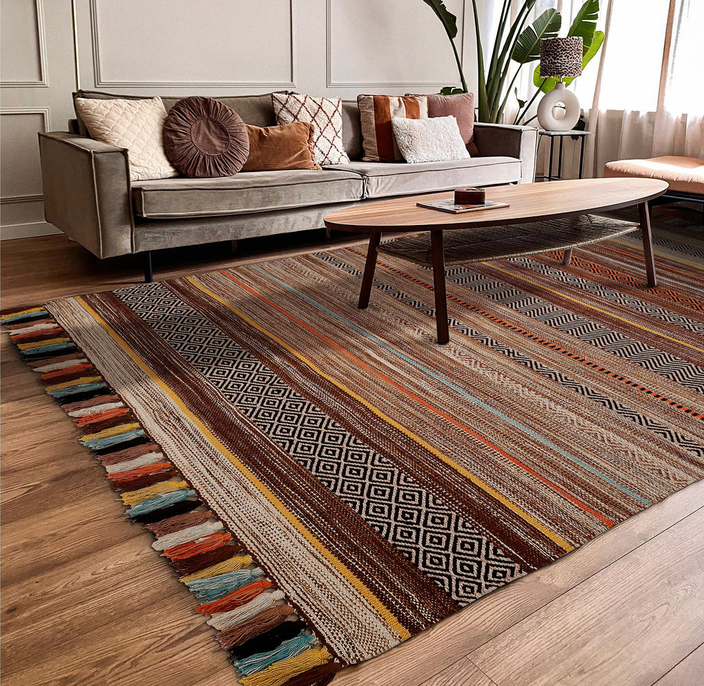 Beige striped kilim Rug | Cotton Chenille rug | Ethnic Design | Bohemian Artistic Carpet | Living Room decor