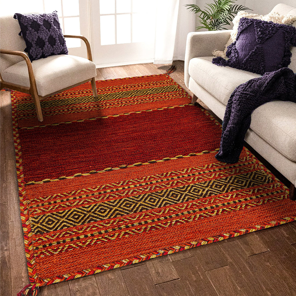 Red kilim rug styled in a living room