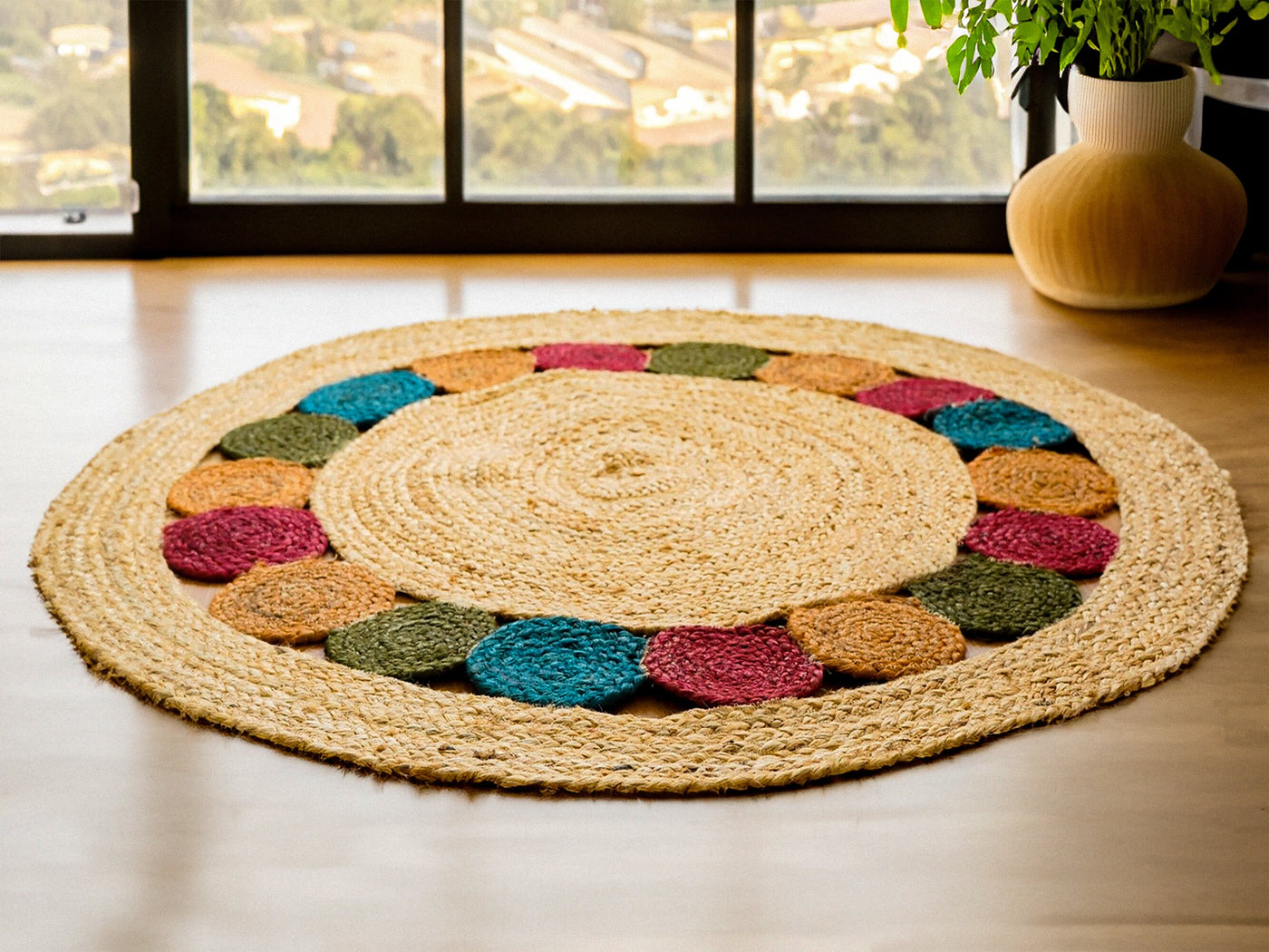Natural jute round rug with medallions, flat lay view