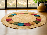 Natural jute round rug with medallions, flat lay view