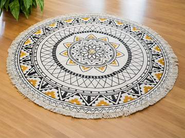 Yogic Meditation Rug - Boho Cotton Round Mat with Intricate Prints - Perfect for Yoga Meditation, Living Room, Bedroom Round Rug