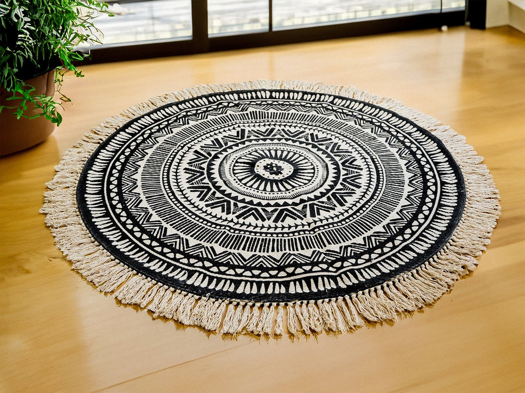 Chakra Rug - Boho Cotton Round Mat with Intricate Prints - Perfect for Living Room, Bedroom, and Home Decor