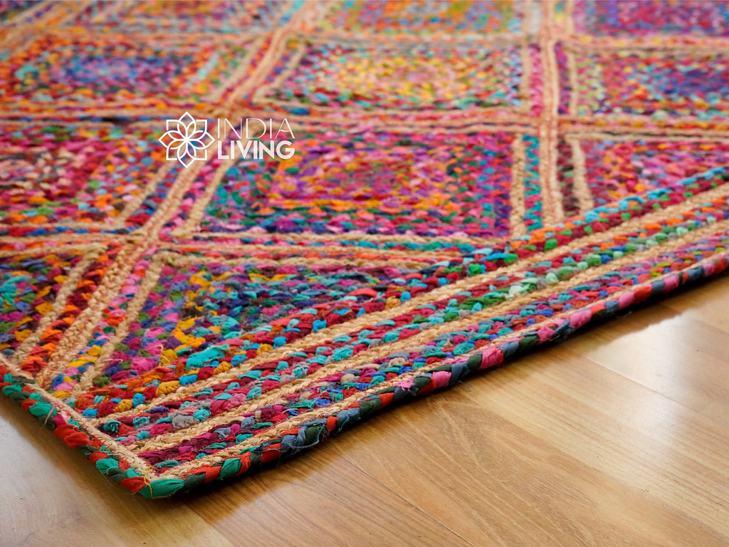 Multi Diamond Chindi Jute Rag Rug, Handcrafted Sustainable Home Decor - Natural Texture, vibrant Colours, Custom made Rainbow textured